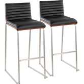 Mason Mara 30" Bar Stool in Stainless Steel, Walnut Wood & Black Leatherette (Set of 2)